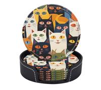 Set di 6 sottobicchieri rotondi in pelle PU con supporto. Il fascino giocoso dei gatti in una scena multicolore e densa.