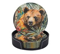 Set di 6 sottobicchieri rotondi in pelle PU con supporto. Il fascino maestoso di un orso in una scena le della giungla.