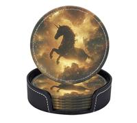 Set di 6 sottobicchieri rotondi in pelle PU con supporto. Il fascino magico di un unicorno in una scena cosmica.