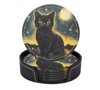 Set di 6 sottobicchieri rotondi in pelle PU con supporto. Il fascino misterioso di un gatto nero in una stella - Scena lunare.
