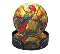 Set di 6 sottobicchieri rotondi in pelle PU con supporto. Il fascino radioso di un pappagallo multicolore.