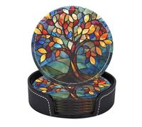Set di 6 sottobicchieri rotondi in pelle PU con supporto. L'incantevole fascino di un albero dalle foglie cromatiche.
