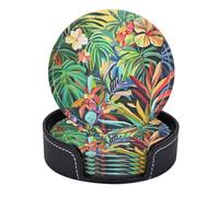 Set di 6 sottobicchieri rotondi in pelle PU con supporto. L'incantevole mix di flora tropicale.
