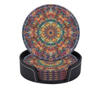 Set di 6 sottobicchieri rotondi in pelle PU con supporto Mandala Art, una sinfonia di forme multicolori