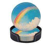 Set di 6 sottobicchieri rotondi in pelle PU con supporto, motivo arcobaleno che si estende attraverso il cielo blu