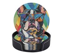 Set di 6 sottobicchieri rotondi in pelle PU con supporto, motivo: bulldog francese colorato con occhiali da sole su sfondo geometrico.