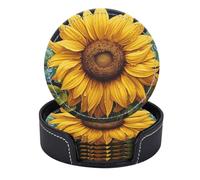 Set di 6 sottobicchieri rotondi in pelle PU con supporto, motivo: girasole sotto la pioggia con gocce d'acqua