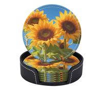 Set di 6 sottobicchieri rotondi in pelle PU con supporto, motivo: girasoli contro un cielo azzurro