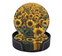 Set di 6 sottobicchieri rotondi in pelle PU con supporto, motivo: girasoli in abbondanza sotto una luce soffusa