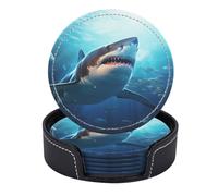 Set di 6 sottobicchieri rotondi in pelle PU con supporto, motivo: grande squalo bianco nelle profondità dell'oceano