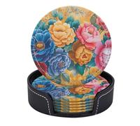 Set di 6 sottobicchieri rotondi in pelle PU con supporto, motivo: "La grazia delle peonie multicolori e dei fiori più piccoli"