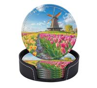 Set di 6 sottobicchieri rotondi in pelle PU con supporto, motivo mulini a vento che si ergono su un mare di ani colorati