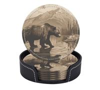 Set di 6 sottobicchieri rotondi in pelle PU con supporto, motivo: orso che cammina lentamente in una tranquilla scena sull'acqua