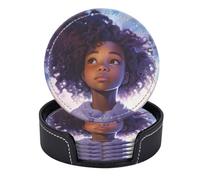 Set di 6 sottobicchieri rotondi in pelle PU con supporto, motivo: ragazza dai capelli ricci che guarda il cielo stellato