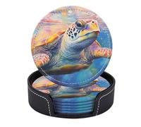 Set di 6 sottobicchieri rotondi in pelle PU con supporto, motivo tartaruga marina che nuota con riflessi colorati e bolle