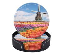 Set di 6 sottobicchieri rotondi in pelle PU con supporto, mulino a vento olandese in mezzo a un mare di ani colorati