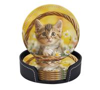 Set di 6 sottobicchieri rotondi in pelle PU con supporto, posa giocosa del gattino in una margherita - cestino pieno