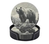 Set di 6 sottobicchieri rotondi in pelle PU con supporto, raffigurante la presenza dominante dell'orso in un paesaggio roccioso