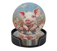 Set di 6 sottobicchieri rotondi in pelle PU con supporto, raffigurante l'affascinante presenza del maiale tra i fiori