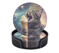 Set di 6 sottobicchieri rotondi in pelle PU con supporto, scena galattica con un gatto e la sua dolce delizia