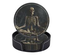 Set di 6 sottobicchieri rotondi in pelle PU con supporto, scheletro in meditazione su sfondo cosmico