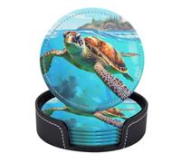 Set di 6 sottobicchieri rotondi in pelle PU con supporto, tartaruga marina che nuota nell'oceano vicino a un faro