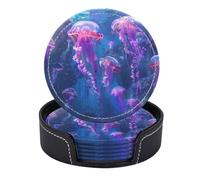 Set di 6 sottobicchieri rotondi in pelle PU con supporto, viola eteree nelle profondità marine