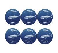 Set di 6 sottobicchieri rotondi in pelle PU per bevande, tavolino da caffè, piccola balena blu che nuota, protezione per il tavolo, decorazione per la casa