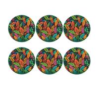 Set di 6 sottobicchieri rotondi in pelle PU per bevande, tavolino da caffè, protezione per tavolo con foglie colorate della giungla, decorazione per la casa