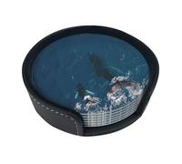 Set di 6 sottobicchieri rotondi in pelle sintetica con balena e mammifero, per casa, cucina, bar, caffè, birra, tè, protezione da tavolo