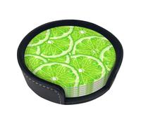 Set di 6 sottobicchieri rotondi in pelle sintetica con supporto, per casa, ufficio, cucina, motivo limone, colore: verde lime