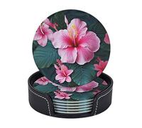 Set di 6 sottobicchieri rotondi per bevande, in pelle PU, con supporto, verde tropicale giungla vegetale, sottobicchiere per tazza da bere