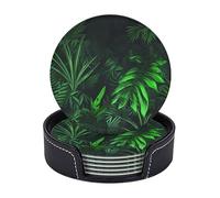 Set di 6 sottobicchieri rotondi per bevande, in pelle PU, con supporto, verde tropicale giungla vegetale, sottobicchiere per tazza da bere