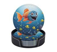 Set di 6 sottobicchieri rotondi per bevande in pelle PU per tavolino da caffè, sottobicchieri per tazze con pesci sotto il mare, tappetino decorativo per la casa