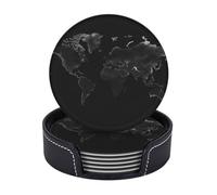 Set di 6 sottobicchieri rotondi per bevande, per tavolino da caffè, set di sottobicchieri per tazze con mappa del mondo nera, per decorazioni per la casa