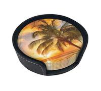Set di 6 sottobicchieri rotondi stampati con palme tropicali e tramonto, in pelle PU resistente al calore, con supporto per decorazione di casa colonica, casa, ufficio e bar