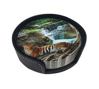 Set di 6 sottobicchieri rotondi stampati con tigre sotto l'albero, in pelle PU resistente al calore, con supporto per decorazione di casa colonica, casa, ufficio e bar