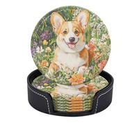 Set di 6 sottobicchieri, sottobicchieri rotondi in pelle PU con supporto Corgi in un fiore - Riempito di gioia