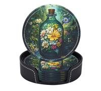 Set di 6 sottobicchieri, sottobicchieri rotondi in pelle PU con supporto per bottiglia di vetro con fiori in una vegetazione - scena piena