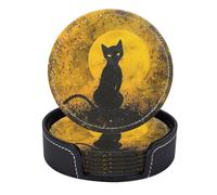 Set di 6 sottobicchieri, sottobicchieri rotondi in pelle PU con supporto, sagoma di gatto nero contro una luna dorata