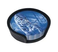 Set di 6 sottobicchieri tondi con supporto, motivo tigre bianca e blu, adatti per tavoli, soggiorni o cucine.