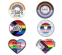 Set di 6 spille LGBTQ+Pride - Distintivi Progress Pride Ally, Spilla smaltata arcobaleno, Accessori trans lesbiche gay LGBT, sei al sicuro con me, puoi essere te stesso, abbracci gratuiti per la mamma