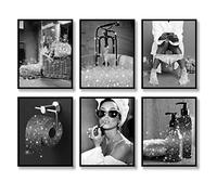 Set di 6 stampe artistiche da parete alla moda per bagno e bagno, in bianco e nero, con glitter, poster su tela, immagini per bagno, opere d'arte moderne e divertenti per il bagno (bianco e nero, 28 x