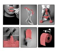 Set di 6 stampe artistiche da parete alla moda per il bagno, con glitter, su tela, poster, foto, opere d'arte da parete in bianco e nero, moderne donne per il bagno (rosso, 28 x 35,6 cm, senza
