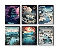 Set di 6 stampe artistiche da parete giapponesi con paesaggi giapponesi, decorazione da parete vintage, dipinti Ukiyoe estetici asiatici retrò, immagine Fuji, pittura artistica su tela per soggiorno,