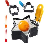 Set di 6 stampi per uova al piatto con manico, pennello per olio in silicone, rivestimento antiaderente, riutilizzabile, anello in acciaio inossidabile, cottura stampo per pancake, frittelle