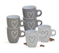Set di 6 tazze da caffè con cuore in grigio, beige, bianco, belle tazze da caffè con manico per caffè italiano, piccole tazze da 50 ml, adatte al microonde, lavabili in lavastoviglie come regalo