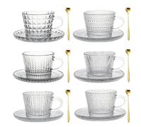 Set di 6 tazze in vetro con piattino e cucchiaio, set di tazze da caffè in vetro trasparente, per latte, caffè, cappuccino e tè