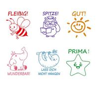 Set di 6 timbri per insegnanti tedeschi, autoinchiostrante, motivazionali per scuola e scuola elementare, timbri colorati per compiti, divertenti timbri con smiley per insegnanti