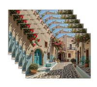 Set di 6 Tovaglietta Case Bianche Blu, Architettura Di Santorini Tovagliette in Cotone Lino, Resistenti Al Calore Lavabili E Facili Da Pulire Tovagliette per Tavolo Da Cucina 45x30cm, Multicolore
